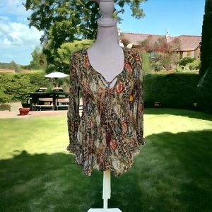 Vintage Melissa Paige Green Tropical Print Gauzy Peasant  Blouse Size SP